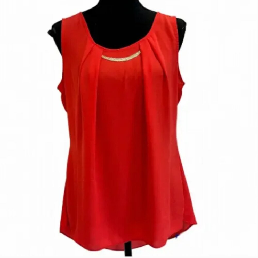 MILANO coral pink orange sleeveless pleated blouse Sz M